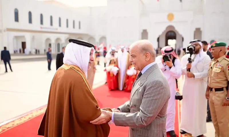 Crown Prince and Prime Minister of Bahrain Salman bin Hamad Al Khalifa (L) receives Prime Minister Shehbaz Sharif (R) at Bahrain International Airport in Manama on Wednesday. &mdash; X/@PTVNewsOfficial