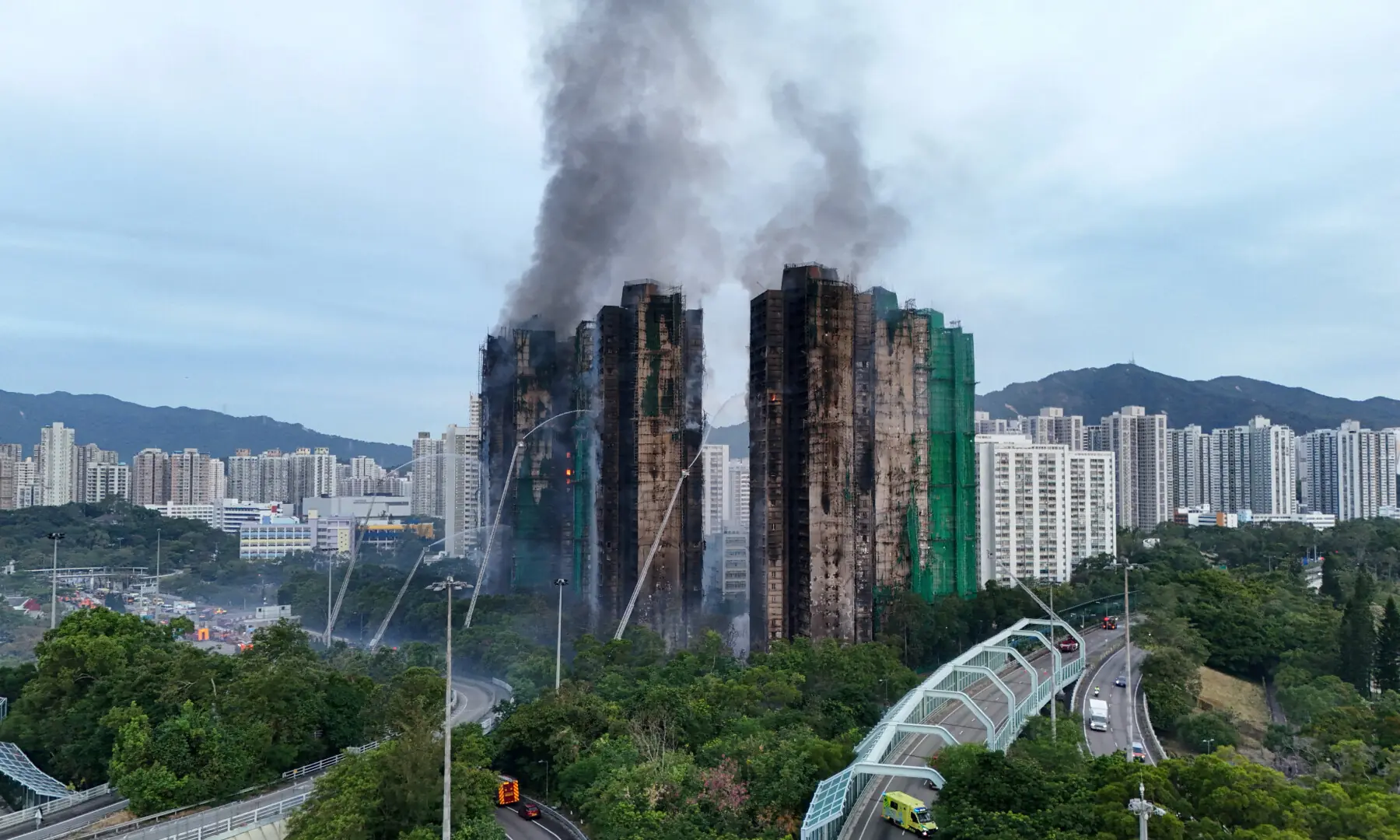 A drone view shows flames and thick smoke rising from the Wang Fuk Court housing estate during a major fire, in Tai Po, Hong Kong, China, on Nov 27, 2025. &mdash; Reuters