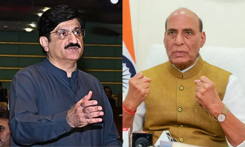 Sindh Chief Minister Syed Murad Ali Shah addresses the Sindh Assembly on Nov 27, 2025 (L) and Indian Defence Minister Rajnath Singh speaks at an event in Lucknow, India on May 11, 2025 (R) in this photo combo. &mdash; X/@SindhCMHouse/ Reuters