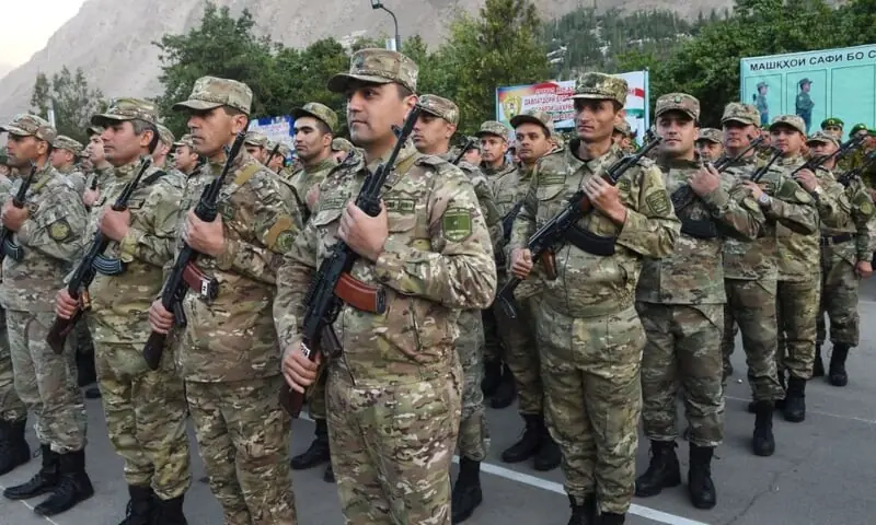 A file photo of Tajik soldiers from September 30, 2021. &mdash; Reuters