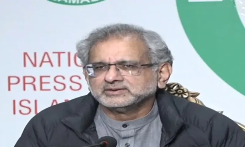 Former prime minister and APP Chairman Shahid Khaqan Abbasi Addressing a presser at the National Press Club in Islamabad on November 27. &mdash; DawnNewsTV