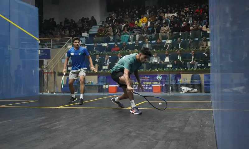 Noor Zaman and Hamza Khan in action at the final of the Chief of Air Staff (CAS) Serena Hotel International Squash Championship at Mushaf Squash Complex on Friday. &mdash; Photo via Pakistan Squash Federation