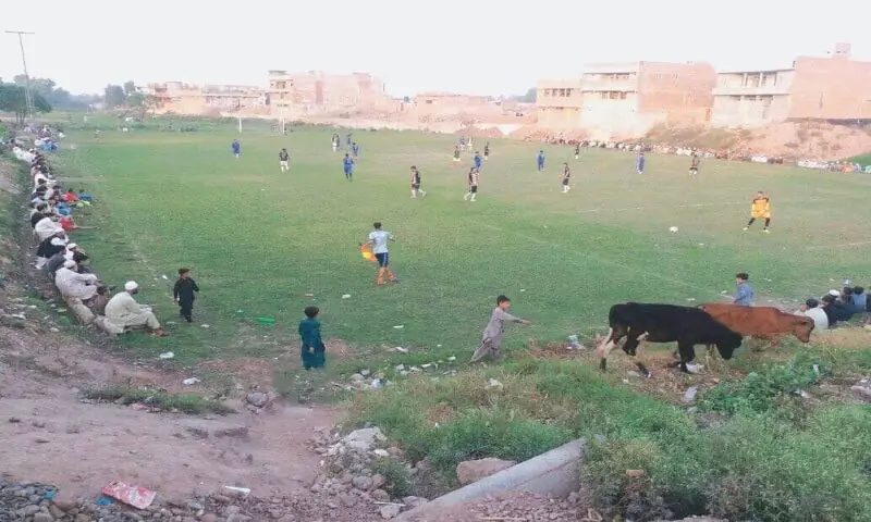 A football match under way on an open ground on Nasir Bagh Road in Peshawar where cattle also graze. &mdash;File Photo/Dawn.
