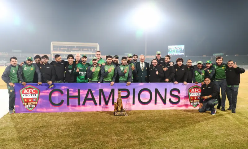 Pakistan pose with the championship trophy after their victory against Sri Lanka in the tri-nation series final. — Photo via PCB Pakistan pose with the championship trophy after their victory against Sri Lanka in the tri-nation series final. — Photo via PCB