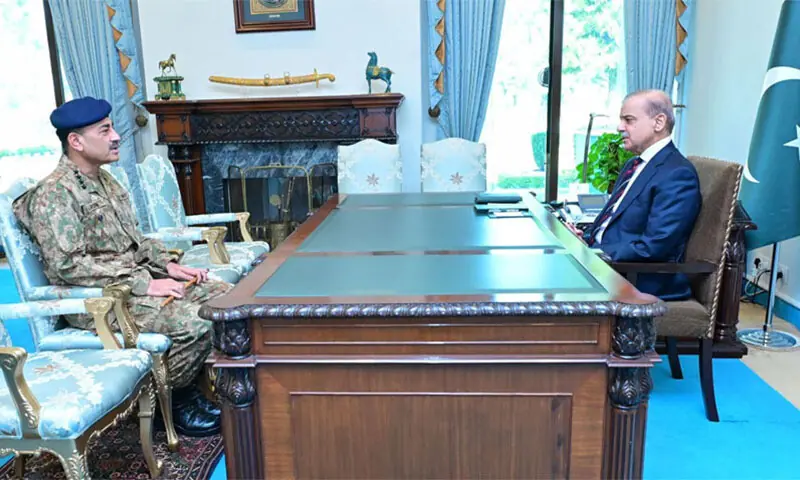 A photograph of Chief of Army Staff Asim Munir calling on Prime Minister Shehbaz Sharif at his office in Islamabad in November 2024. &mdash; Photo courtesy Radio Pakistan/File