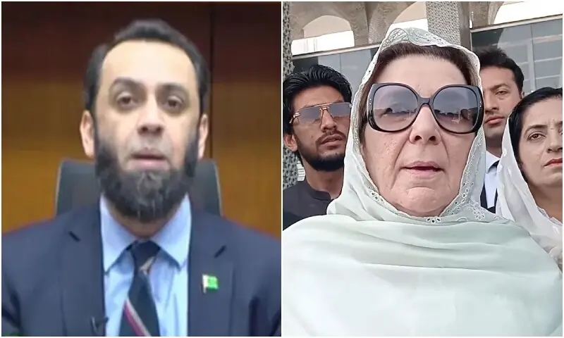 A combination photo showing Information Minister Attaullah Tarar and Noreen Khan Niazi, the sister of PTI founder Imran Khan. &mdash; DawnNewsTV/Facebook/Shah Mahmood Qureshi