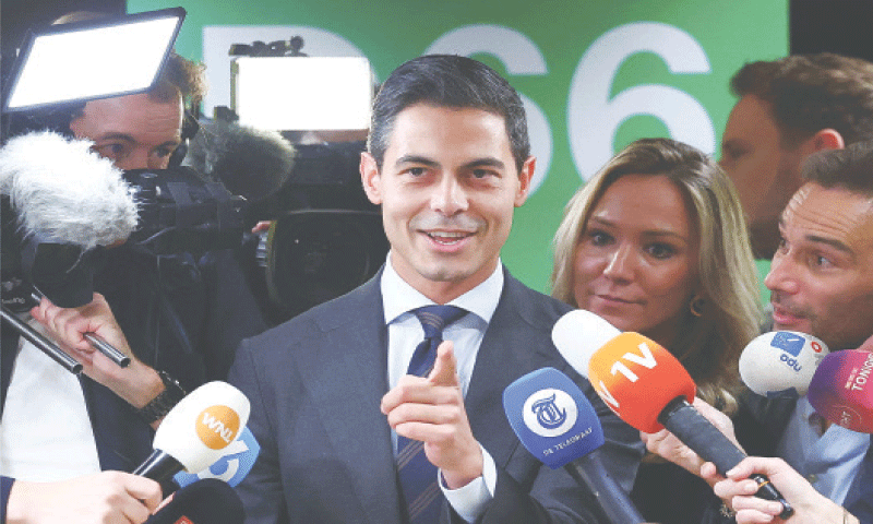 ROB Jetten, who emerged as the top contender for Dutch premiership after this week&rsquo;s election, speaks to 
media outside parliament.&mdash;Reuters