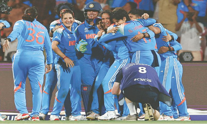 MUMBAI: Indian players celebrate after winning the Women&rsquo;s World Cup final against South Africa at the D.Y. Patil Stadium on Sunday.&mdash;Reuters