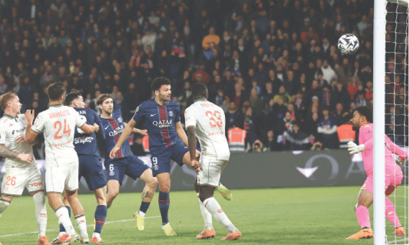 PARIS: Paris St Germain&rsquo;s Goncalo Ramos (third R) scores during the Ligue 1 match against Nice at Parc des Princes.&mdash;Reuters