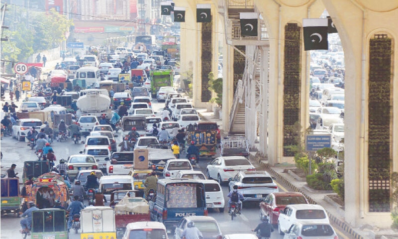 A view of a massive traffic jam on Murree Road in Rawalpindi after work on the remodeling of Kutchery Chowk started on Monday. &mdash; Online