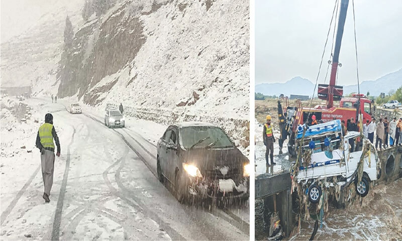 VEHICLES pass slowly through MNJ Road amid snowfall near Naran, Mansehra. (Right) A pick-up van being pulled out of a ﬂooded stream in Adenzai area of Lower Dir. &mdash; Dawn