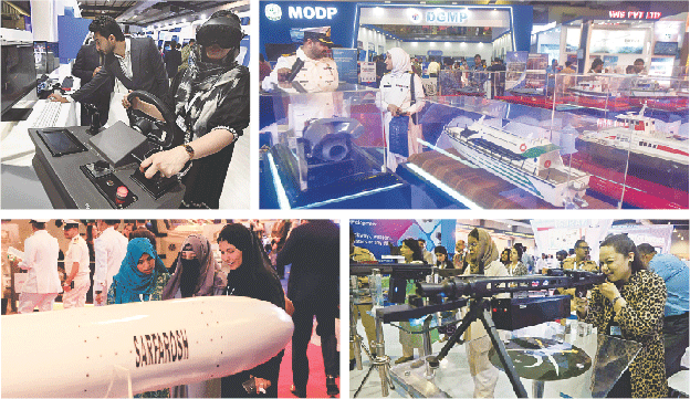 (Clockwise from top left) Visitors ride on waves without getting their feet wet thanks to simulators; people take a keen interest in ship and boat models; women try their hand at state-of-the-art weaponry; and, a group of students take a look at the long-range kamikaze (loitering munition) drone Sarfarosh during the second edition of the Pakistan International Maritime Expo in Karachi on Tuesday.—INP / Fahim Siddiqi / PPI / Reuters