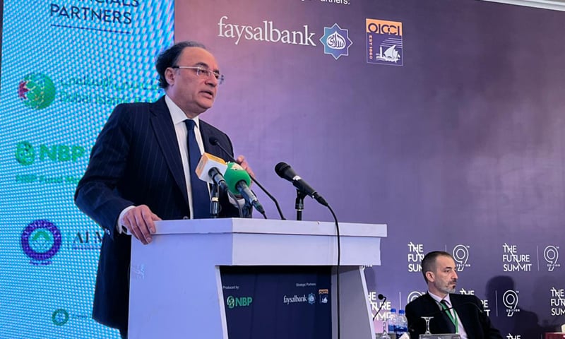 KARACHI: Finance Minister Muhammad Aurangzeb speaks at the 9th Future Summit, organised by Nutshell Group and National Bank of Pakistan in partnership with Faysal Bank and OICCI, on Wednesday.&mdash;Dawn