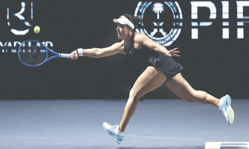 JESSICA Pegula of the US stretches for a return during the WTA Finals match against Kazakhstan&rsquo;s Elena Rybakina at the King Saud University Indoor Arena on Friday.&mdash;Reuters