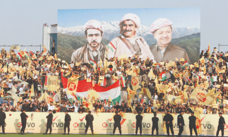 SUPPORTERS of the Kurdistan Democratic Party gather in Erbil’s Franso Hariri Stadium for a rally ahead of Iraq’s parliamentary elections.—Reuters SUPPORTERS of the Kurdistan Democratic Party gather in Erbil’s Franso Hariri Stadium for a rally ahead of Iraq’s parliamentary elections.—Reuters