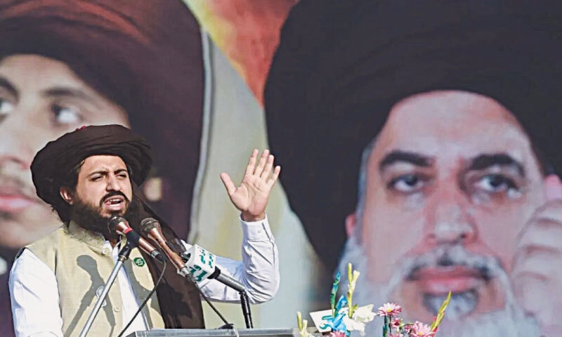 Saad Rizvi, the leader of the Tehreek-i-Labbaik Pakistan (TLP), speaks to supporters during his father Khadim Hussain Rizvi&rsquo;s death anniversary in Lahore in 2021: the death of Khadim Hussain Rizvi was expected to fracture the party, but his son has maintained its coherence and its capacity to bring cities to a standstill | AFP