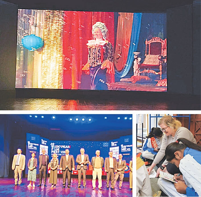 (Clockwise from top) A scene from the movie Itty Bitty Princess; Deputy Head of Mission Finland Elina Ollila is seen colouring with children in The Reading Nook while various EU ambassadors pose for a group photo at the opening ceremony of the European Film Festival in Islamabad. &mdash; Photos by the writer