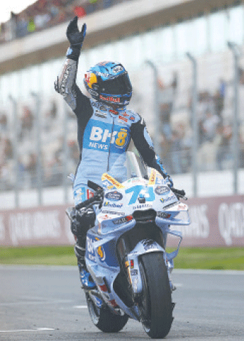 BK8 GRESINI Racing team&rsquo;s Spanish rider Alex Marquez celebrates winning the MotoGP Portuguese Grand Prix sprint race 
at the Algarve International Circuit on Saturday.&mdash;AFP