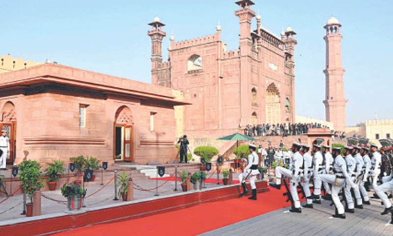 Pakistan Navy and Rangers pay homage to Allama Iqbal on his 148th birthday anniversary at Mazar-i-Iqbal.—APP Pakistan Navy and Rangers pay homage to Allama Iqbal on his 148th birthday anniversary at Mazar-i-Iqbal.—APP