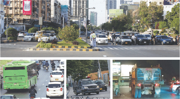  (Clockwise from top) Ordinary citizens respect the law and stop their vehicles before the zebra crossing at a traffic intersection in Clifton near Do Talwar to avoid hefty e-challans, but a truck (bottom), a police mobile van, and a bus with no number plates are seen beating the recently introduced AI-based fine system on Sharea Faisal and Dr Ziauddin Ahmed Road with impunity, as such vehicles cannot be issued e-tickets.&mdash;Shakil Adil / Fahim Siddiqi / White Star   