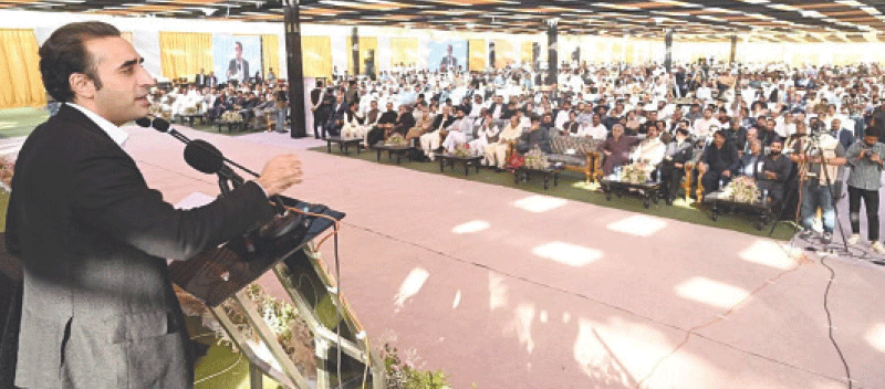 BILAWAL Bhutto-Zardari speaks at the ceremony of direct cash transfer initiative in Larkana on Monday.—Dawn