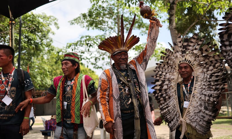 Indigenous people in jubilant mood as they arrive at the venue of the opening ceremony of the COP30 summit in Belem.—Reuters Indigenous people in jubilant mood as they arrive at the venue of the opening ceremony of the COP30 summit in Belem.—Reuters