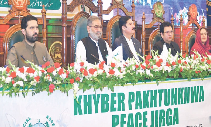 KP CM Sohail Afridi (from left), Speaker Babar Saleem Swati, Governor Faisal Karim Kundi and others attend the provincial government-organised peace jirga on Wednesday.—Dawn KP CM Sohail Afridi (from left), Speaker Babar Saleem Swati, Governor Faisal Karim Kundi and others attend the provincial government-organised peace jirga on Wednesday.—Dawn