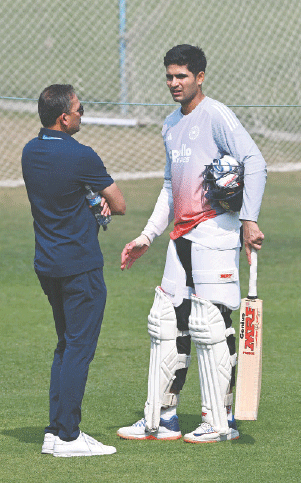 KOLKATA: Indian captain Shubman Gill (R) interacts with selection committee chairman Ajit Agarkar during a training session at the Eden Gardens on Thursday.&mdash;AFP