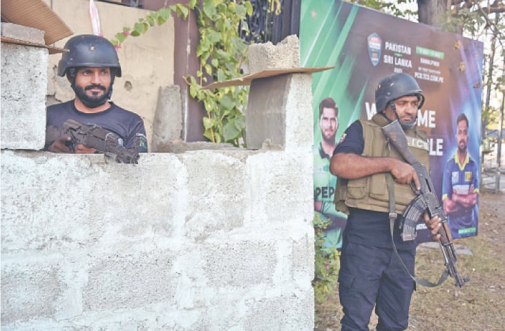 Security personnel stand alert outside the Pindi Cricket Stadium before the arrival of Sri Lankan and Pakistani cricket teams for practice session on Thursday. — Online