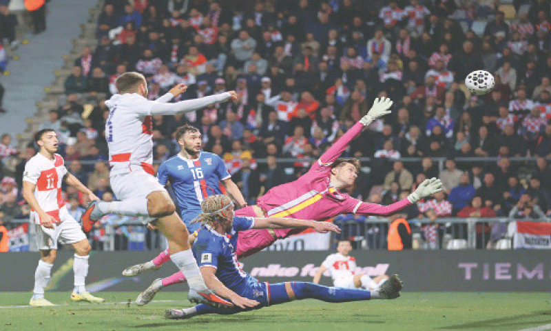 RIJEKA: Croatia’s Nikola Vlasic (second L) scores during the 2026 FIFA World Cup qualifier against the Faroe Islands at Stadion HNK Rijeka.—Reuters RIJEKA: Croatia’s Nikola Vlasic (second L) scores during the 2026 FIFA World Cup qualifier against the Faroe Islands at Stadion HNK Rijeka.—Reuters