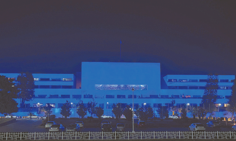 Parliament House in Islamabad is illuminated in blue on Thursday to mark World Children’s Day. — White Star