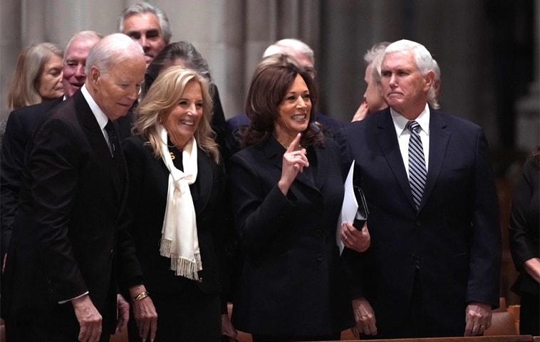  FORMER US president Joe Biden, former first lady Jill Biden, ex-vice presidents Kamala Harris and Mike Pence attend the funeral service of former vice president Dick Cheney at Washington’s National Cathedral.—AFP 