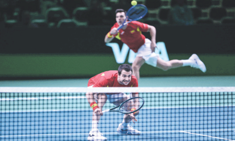 BOLOGNA: Spain&rsquo;s Pedro Martinez Portero (back) and Marcel Granollers-Pujol in action against the Czech Republic&rsquo;s pair of Tomas Machac and Jakub Mensik during their Davis Cup quarter-final at the Super Tennis Arena.&mdash;AFP