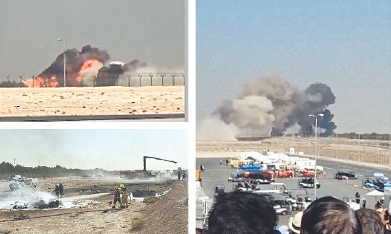 (CLOCKWISE from top left) A ball of smoke and flame rises after an Indian-made Tejas fighter jet lost altitude and crashed during an aerial display at the Dubai Airshow; people look at the plume of smoke; and, firefighters work at the site of the crash.—Reuters (CLOCKWISE from top left) A ball of smoke and flame rises after an Indian-made Tejas fighter jet lost altitude and crashed during an aerial display at the Dubai Airshow; people look at the plume of smoke; and, firefighters work at the site of the crash.—Reuters