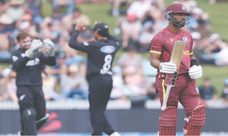 West Indies captain Shai Hope reacts after his dismissal during the third One-day International against New Zealand at Seddon Park on Saturday.&mdash;AFP