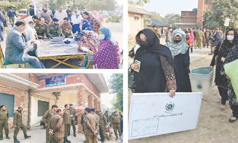(CLOCKWISE from top left) Security officials consult polling staff after receiving ballot papers in Toba Tek Singh on Saturday, a day ahead of by-elections; teachers carry election material in Lahore; and policemen can be seen posted outside the office of a returning officer.&mdash;Dawn