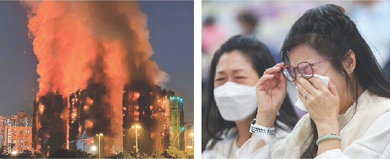 THICK smoke and flames (left) rise as the fire engulfs apartment blocks at a residential estate in Hong Kong&rsquo;s Tai Po district. A woman sobs at a shelter after her family was evacuated from one of the buildings.&mdash;Agencies