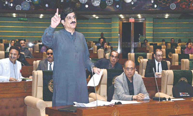 CHIEF Minister Syed Murad Ali Shah speaks on the resolution against Indian Defence Minister Rajnath Singh’s remarks, on the floor of Sindh Assembly on Thursday.—APP