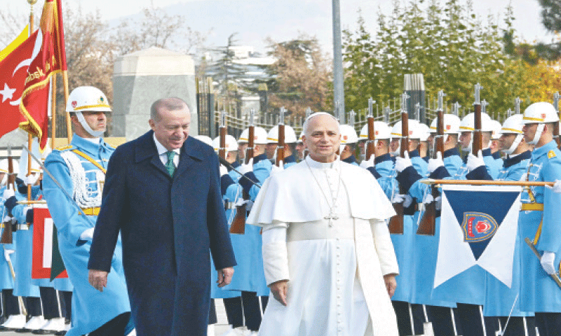 TURKIYE&rsquo;s President Erdogan welcomes Pope Leo XIV at the Presidential Palace in Ankara.&mdash;AFP