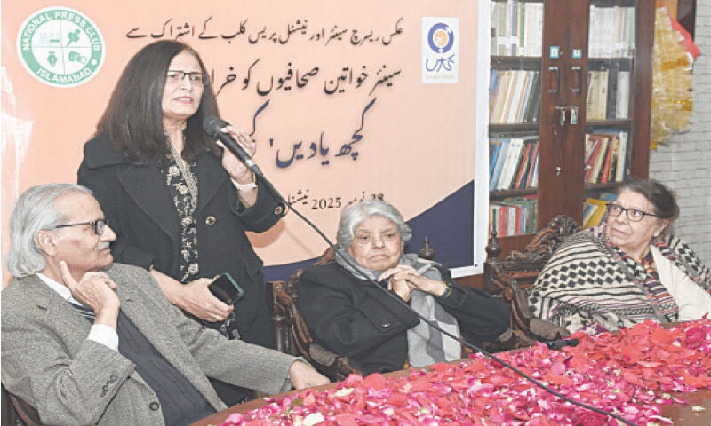 Journalist Fauzia Shahid speaks at an event held to pay tribute to senior women journalists at the National Press Club in Islamabad on Friday. Veteran journalists Farida Hafeez and Nasir Zaidi as well as renowned poet Kishwar Naheed are also seen. &mdash; Photo by Tanveer Shahzad