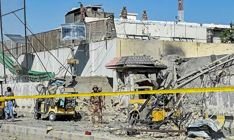 In this file photo, security personnel inspect an explosion site outside the Frontier Corps (FC) headquarters in Quetta, Pakistan, on September 30, 2025. &mdash; AFP