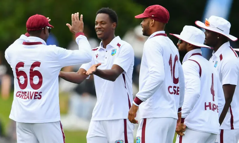 West Indies’ Johann Layne (2nd L) celebrates the wicket of New Zealand’s Will Young with his teammates during day one of the first Test cricket match between New Zealand and West Indies at Hagley Oval in Christchurch on December 2, 2025.— AFP West Indies’ Johann Layne (2nd L) celebrates the wicket of New Zealand’s Will Young with his teammates during day one of the first Test cricket match between New Zealand and West Indies at Hagley Oval in Christchurch on December 2, 2025.— AFP