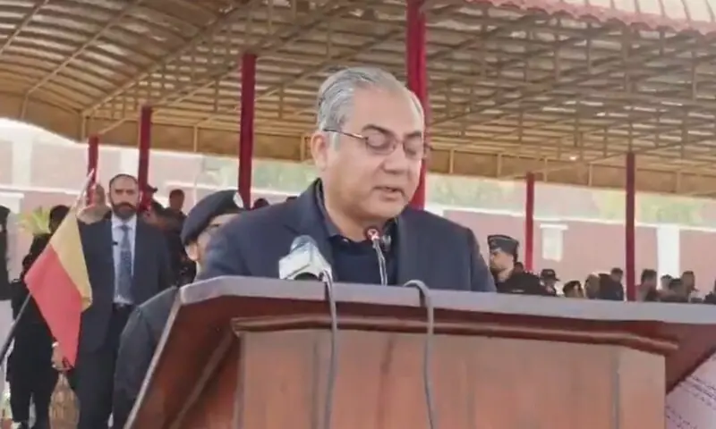 Federal Interior Minister Mohsin Naqvi addresses the passing out parade of 400 personnel of FC&rsquo;s Anti-Riot Squad held at the Shabqadar FC Training Centre in Charsadda on Tuesday. &mdash; Screenshot via PTV