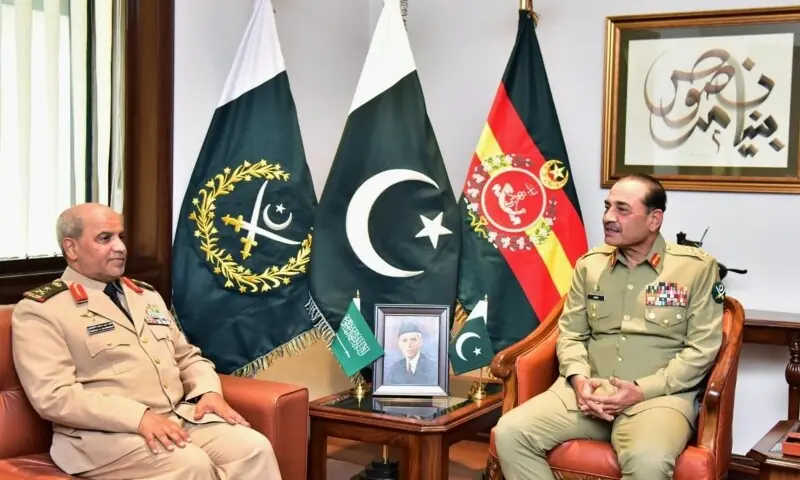 Chief of the Army Staff Field Marshal Asim Munir (right) meets Royal Saudi Land Forces Commander Lieutenant General Fahad Bin Saud Al-Johani at the General Headquarters on Wednesday. — PTV News Chief of the Army Staff Field Marshal Asim Munir (right) meets Royal Saudi Land Forces Commander Lieutenant General Fahad Bin Saud Al-Johani at the General Headquarters on Wednesday. — PTV News