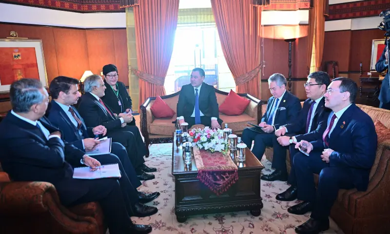Kyrgyz President Sadyr Zhaparov holds a meeting with Foreign Minister Ishaq Dar in Islamabad on December 4. — ForeignOfficePk via X