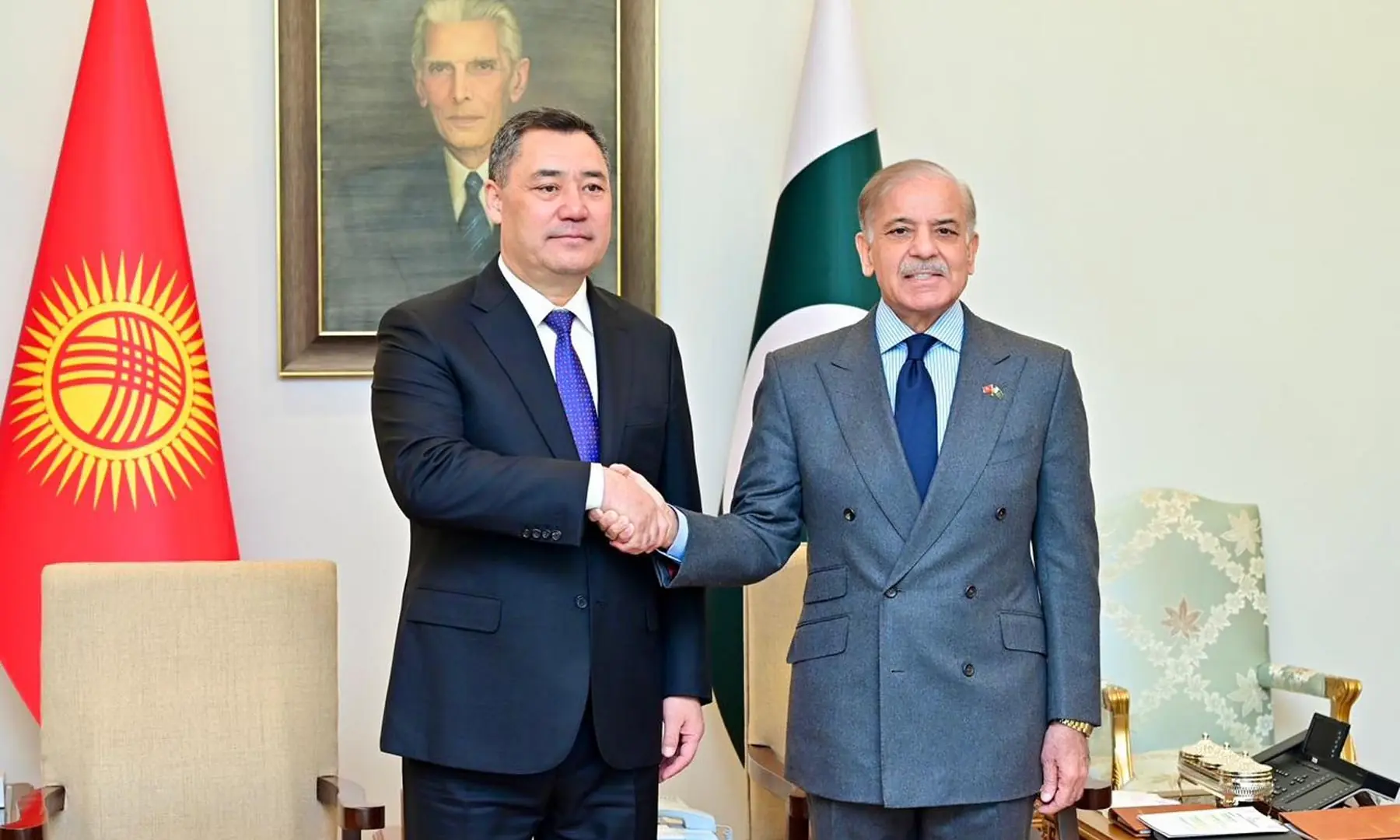 Prime Minister Shehbaz Sharif and Kyrgyzstan President Sadyr Zhaparov shake hands during their meeting in Islamabad, on Dec 4, 2025. — PID Prime Minister Shehbaz Sharif and Kyrgyzstan President Sadyr Zhaparov shake hands during their meeting in Islamabad, on Dec 4, 2025. — PID