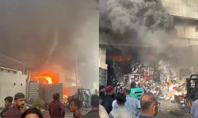 Smoke billows out of a factory in Karachi&rsquo;s Export Processing Zone, where a fire erupted on Dec 4, 2025. &mdash; screengrab from video via author