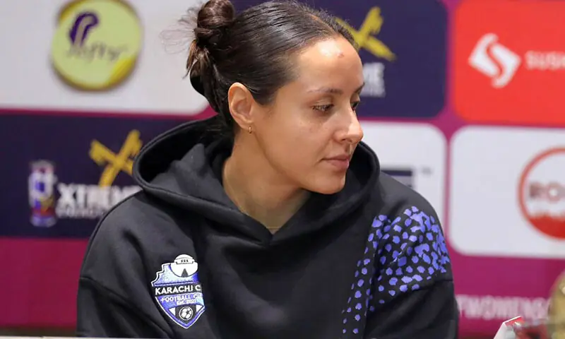 Karachi City FC captain Maria Khan gestures at a news conference for the SAFF Women’s Club Championship at the ANFA Complex in Kathmandu on December 4, 2025.—Courtesy SAFF Karachi City FC captain Maria Khan gestures at a news conference for the SAFF Women’s Club Championship at the ANFA Complex in Kathmandu on December 4, 2025.—Courtesy SAFF