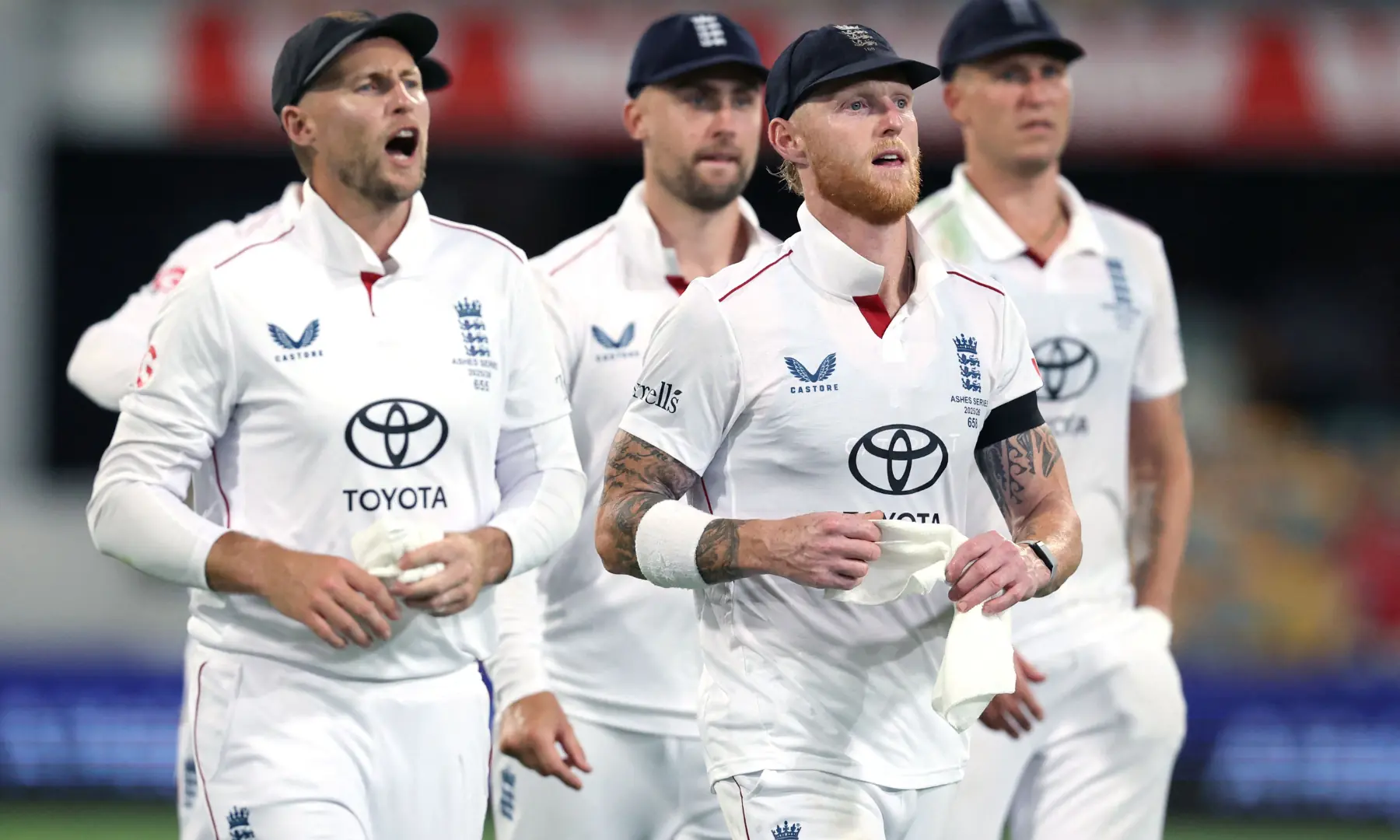 England&rsquo;s captain Ben Stokes (2nd R) walks in front of teammates as they walk off the ground at the end of day two of the second Ashes cricket Test match between Australia and England at The Gabba in Brisbane on December 5, 2025. &mdash; AFP