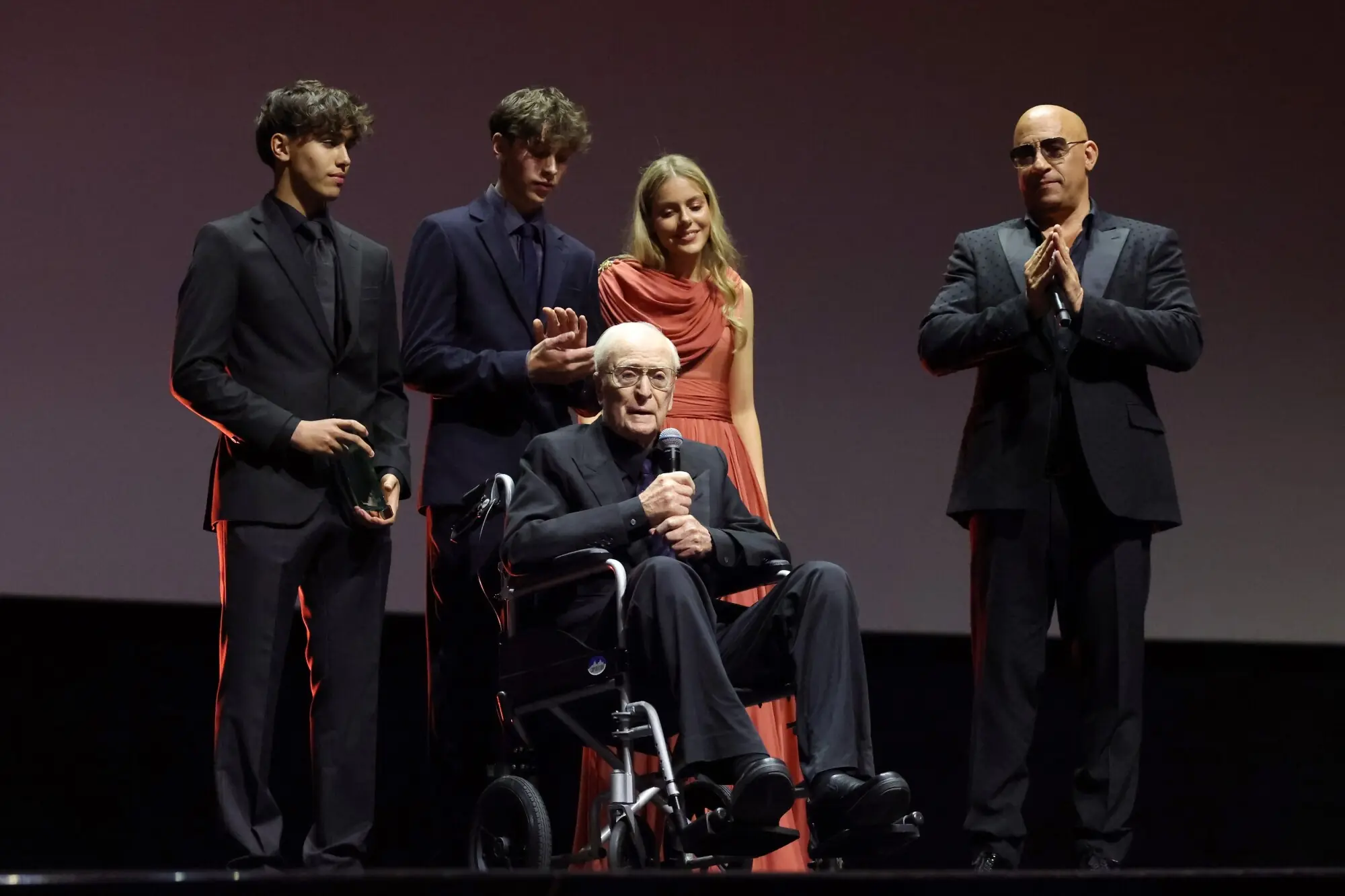 Vin Diesel presents a Honouree Award to Michael Caine. Photo: Getty for The Red Sea International Film Festival